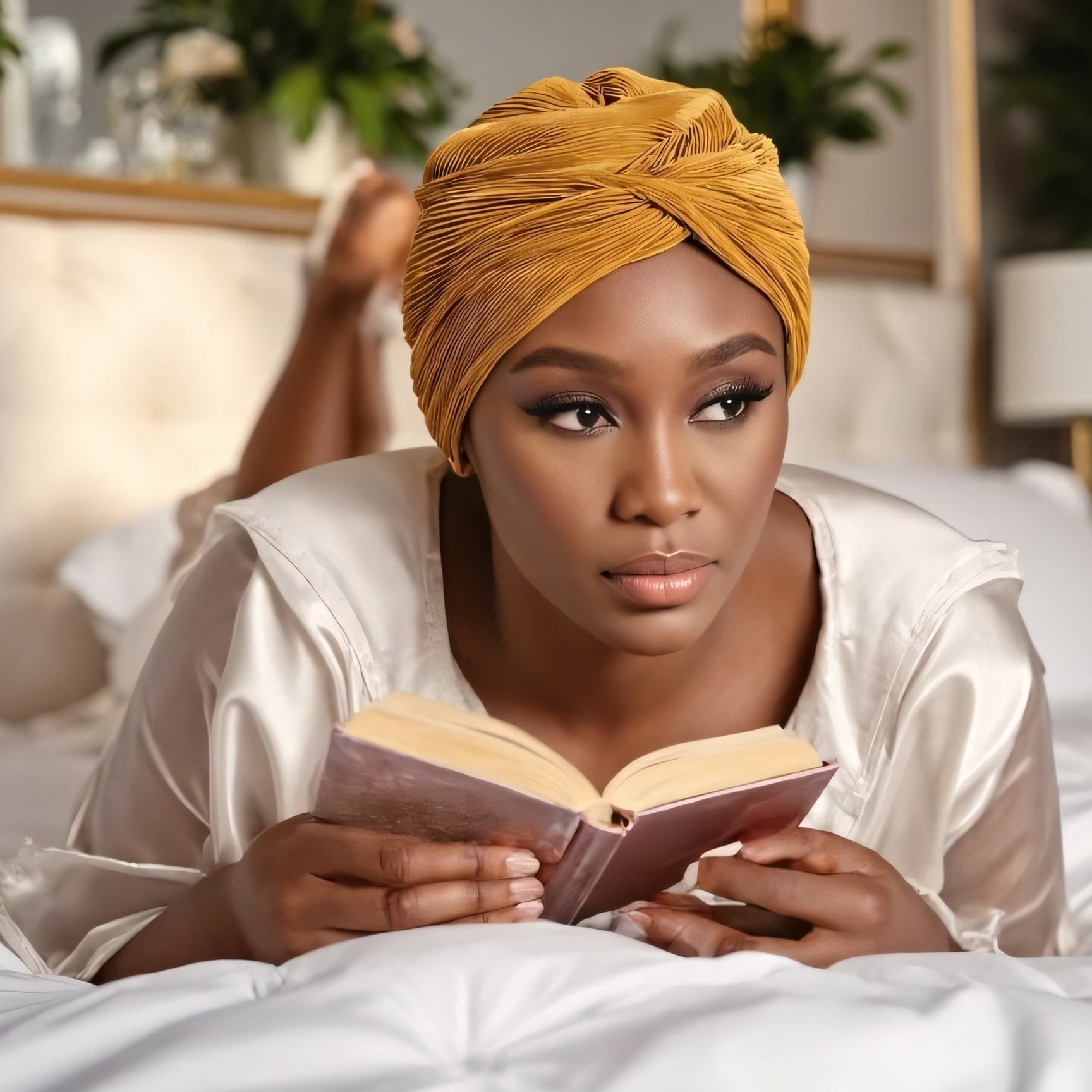 A reading girl wearing comforatble turban